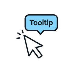 A computer mouse cursor pointing to a blue tooltip on a white background with a black outline in a simple graphic style.