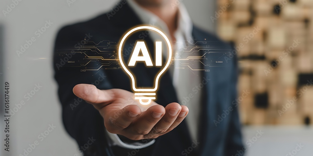 Fototapete man in dark suit holding glowing a i lightbulb with digital circuit patterns artificial intelligence