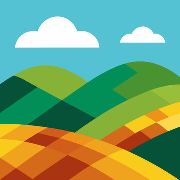 Abstract geometric landscape with rolling hills and clouds