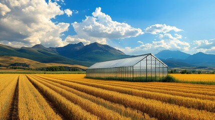 Greenhouse in a vast golden field with majestic mountains under a bright blue sky.