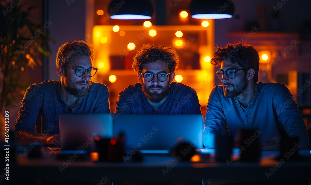 Poster three young men collaborating on laptop in dimly lit modern workspace with warm ambient lighting foc