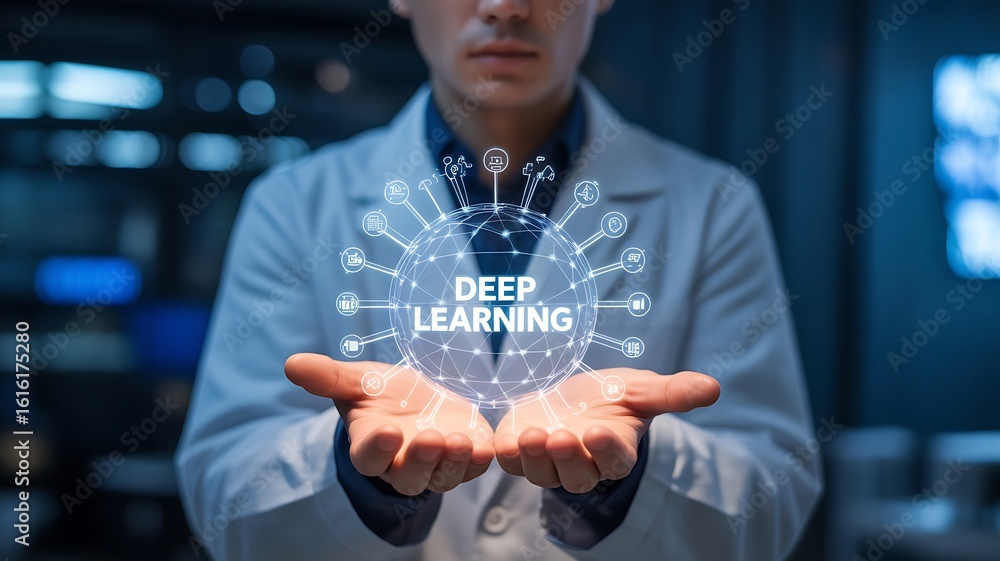 Fototapete man in lab coat holding glowing deep learning network sphere with icons artificial intelligence mach