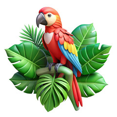 Vibrant scarlet macaw parrot perched among lush tropical green leaves isolated on transparent background