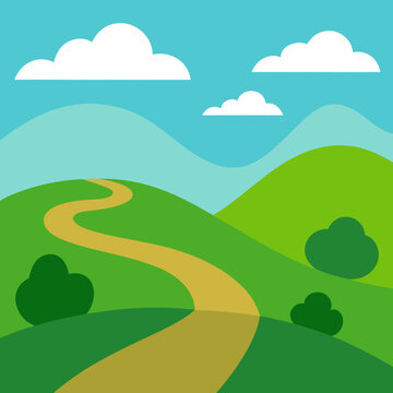 Winding path through rolling green hills under a blue sky