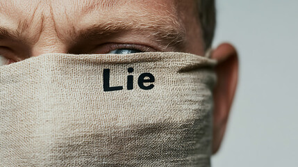 Covered face with the word 'Lie' emblazoned on fabric. Symbolism of concealment, deception, and hidden truths in a close-up portrait.