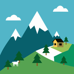 Obraz premium Peaceful mountain landscape with a cozy cabin and sheep