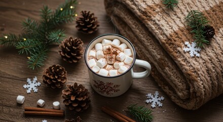 Cozy winter hot chocolate with marshmallows and pinecones