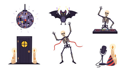 Halloween party illustration set. Skeletons dance and DJ, bat with glowsticks and festive props including candles, microphone, and disco ball. Spooky celebration concept. Vector illustration.