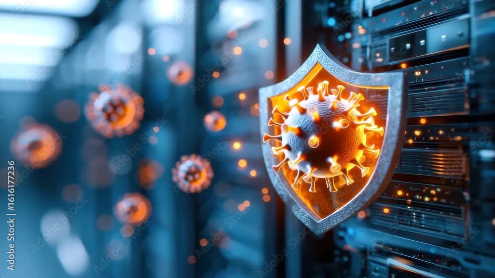 Poster cybersecurity shield protects server from digital virus attack, data protection and technology firew