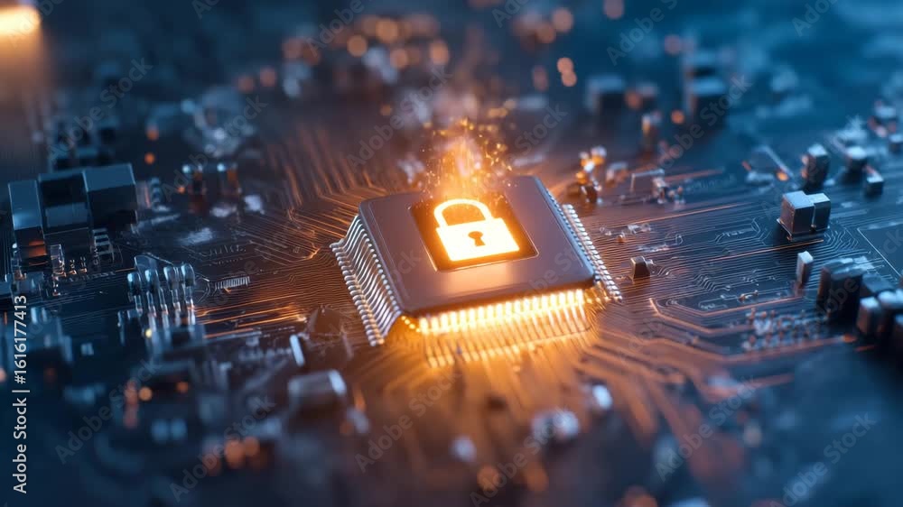 Poster microchip security technology data protection cyber digital glowing lock circuit board futuristic in