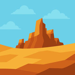 Stylized desert landscape with jagged rock formations under a blue sky