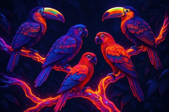 Neon parrots sitting on dark jungle branches in a vibrant scene