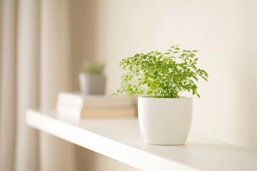 Fototapeta premium serene corner of modern living room showcasing single potted green plant on sleek white shelf