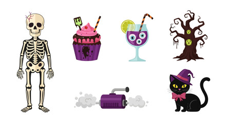 Fototapeta premium Halloween icon set. Cartoon skeleton, spooky cupcake, eerie cocktail, haunted tree, fog machine, and witch cat illustrations. Celebration and spooky holiday concept.
