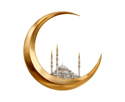 Golden crescent embracing elegant mosque with minarets on transparent background, PNG - Powered by Adobe