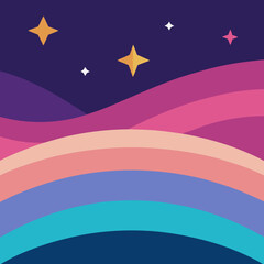 Dreamy starry night sky with pastel rainbow waves