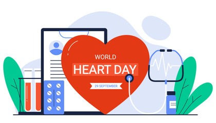 World Heart Day. 29 September. Cardiology. Human heart organ with stethoscope. Cardiovascular disease, healthcare, treatment. Isolated vector illustration in cartoon