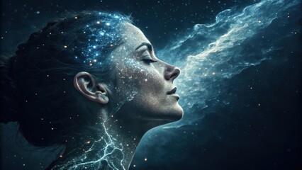 Woman s face illuminated by cosmic nebula and starlight
