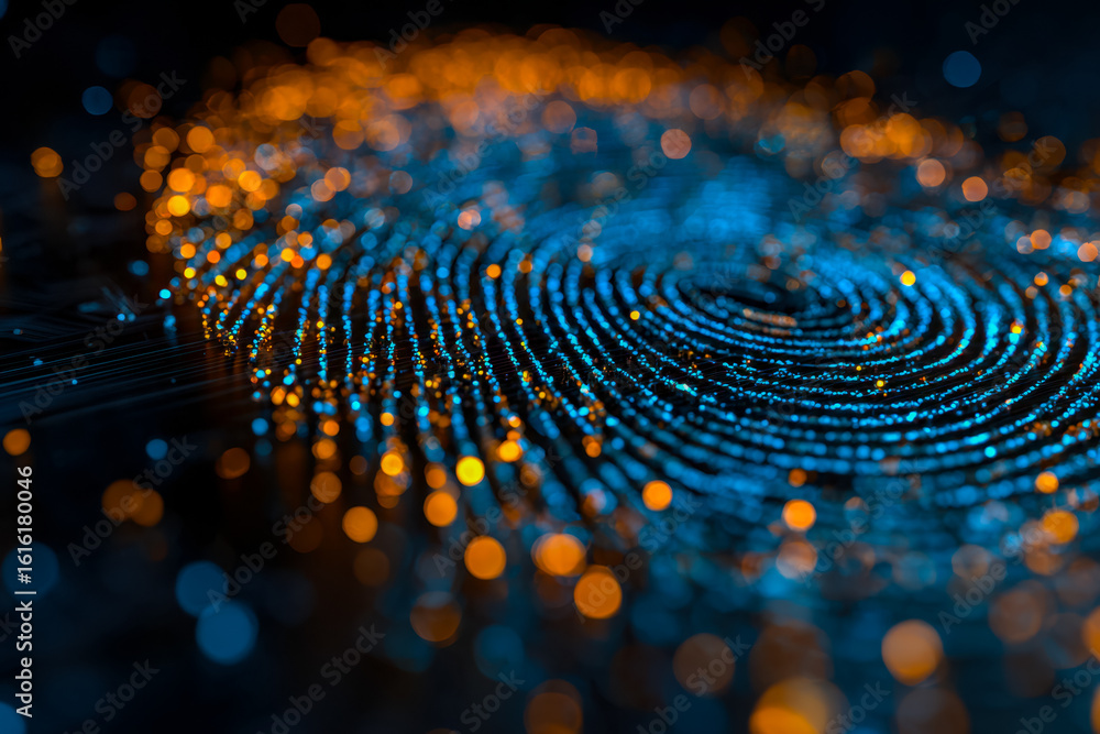 Poster abstract representation of data flow with glowing blue and orange particles
