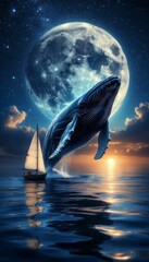 Majestic Whale Breaching Under a Full Moon with Sailboat