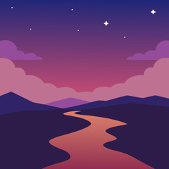 Serene twilight landscape with winding river and starry sky