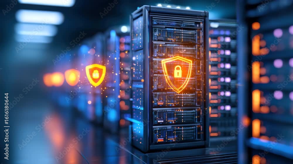Poster secure server rack data center glowing lock icon cybersecurity blue lighting technology network prot
