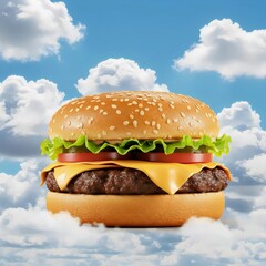 Tempting Gourmet Burger with Crispy Lettuce: Heavenly Concept of Divine Flavor and Cloudy Sky Serenity