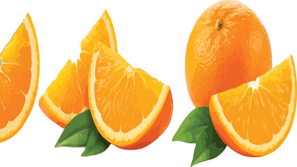 Freshly sliced orange fruit and whole orange with green leaves on white background