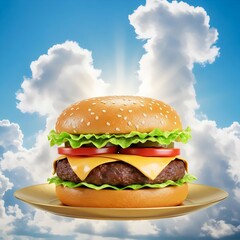 Heavenly Burger Experience: Juicy Beef Patty and Sesame Bun Against Cloudy Backdrop for Culinary Bliss