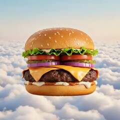 Gourmet Burger with Sesame Bun and Fluffy Clouds: Heavenly Delight Concept of Savory Satisfaction and Food Paradise
