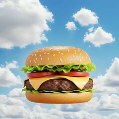 Heavenly Gourmet Hamburger with Blue Sky and Fluffy Clouds Background: Divine Taste Concept of Culinary Paradise and Savory Delight