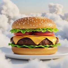 Heavenly Hamburger with Ketchup and Blue Sky: Concept of Angelic Craving Fulfillment and Juicy Beef Perfection