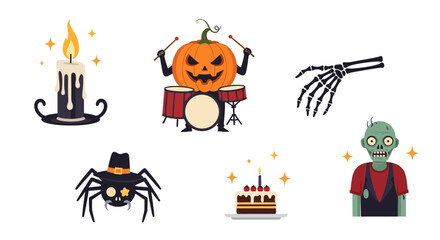 Halloween illustration set. Pumpkin playing drums, zombie character, skeleton hand, black spider, melting candle, and cake with candle. Holiday celebration concept. Vector illustration.