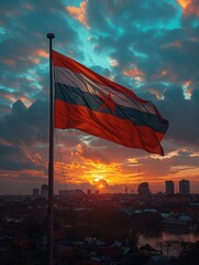 Sunset Over City with Flag – Patriotic Skyline at Golden Hour