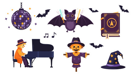 Halloween illustration set. Festive elements including a scarecrow witch, piano-playing character, bat holding glow sticks, disco ball, magic book, and wizard hat. Vector design.