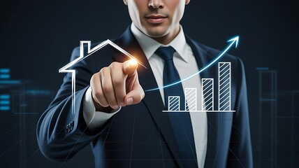 Man in suit points to glowing house icon and rising bar graph pointing finger