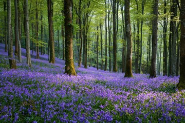 Lush forest floor blanketed in vibrant purple wildflowers