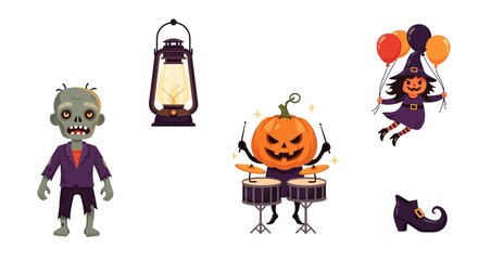 Halloween character and object set. Includes zombie, lantern, pumpkin playing drums, flying witch with balloons, and witch's shoe. Spooky seasonal celebration concept. Vector illustration.