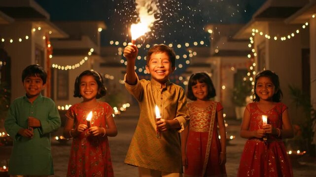 Children celebrate diwali with sparklers and joyful expressions