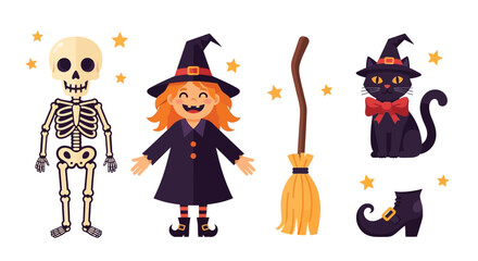 Halloween character set. Skeleton figure, witch girl in festive costume, black cat in hat with red bow, broomstick and witch shoe surrounded by stars. Vector illustration.