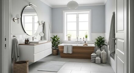 A modern bathroom with a round mirror, white vanity, wooden bathtub, and decorative plant pots ai generated