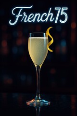  French 75 cocktail in flute glass with lemon twist under neon bar sign