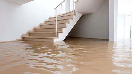 Flooded interior with water covering the floor near the stairs, causing property damage after heavy rainfall or burst pipes. Cleanup is needed.