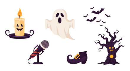 Halloween icon set. Spooky elements including a ghost, haunted candle, microphone, witch shoe, bats, and eerie tree with faces. Holiday celebration concept. Vector illustration.