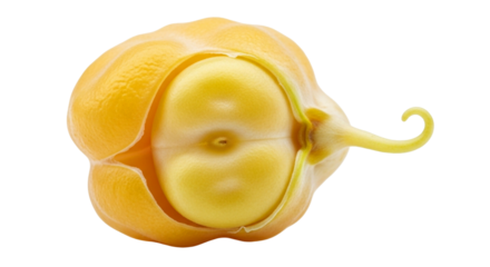 Golden yellow chickpea seed with wrinkled surface partially split, showcasing unique texture and shape