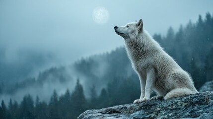 Obraz premium Majestic white wolf on misty mountaintop, moonlit