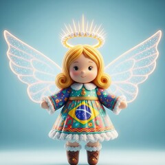 Fototapeta premium Close-up of a cute Christmas angel with translucent wings and diamond halo in a bright studio, vibrant Brazilian style