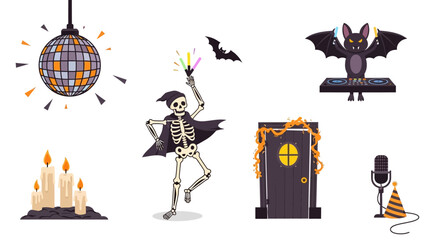 Halloween party icon set. Dancing skeleton, DJ bat, disco ball, candles, decorated door, microphone with hat. Spooky celebration concept. Vector illustration.