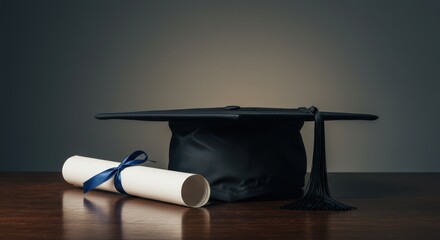 Graduation cap and diploma on a wooden surface