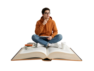 Young man in glasses contemplating on a giant book with isolated transparent background